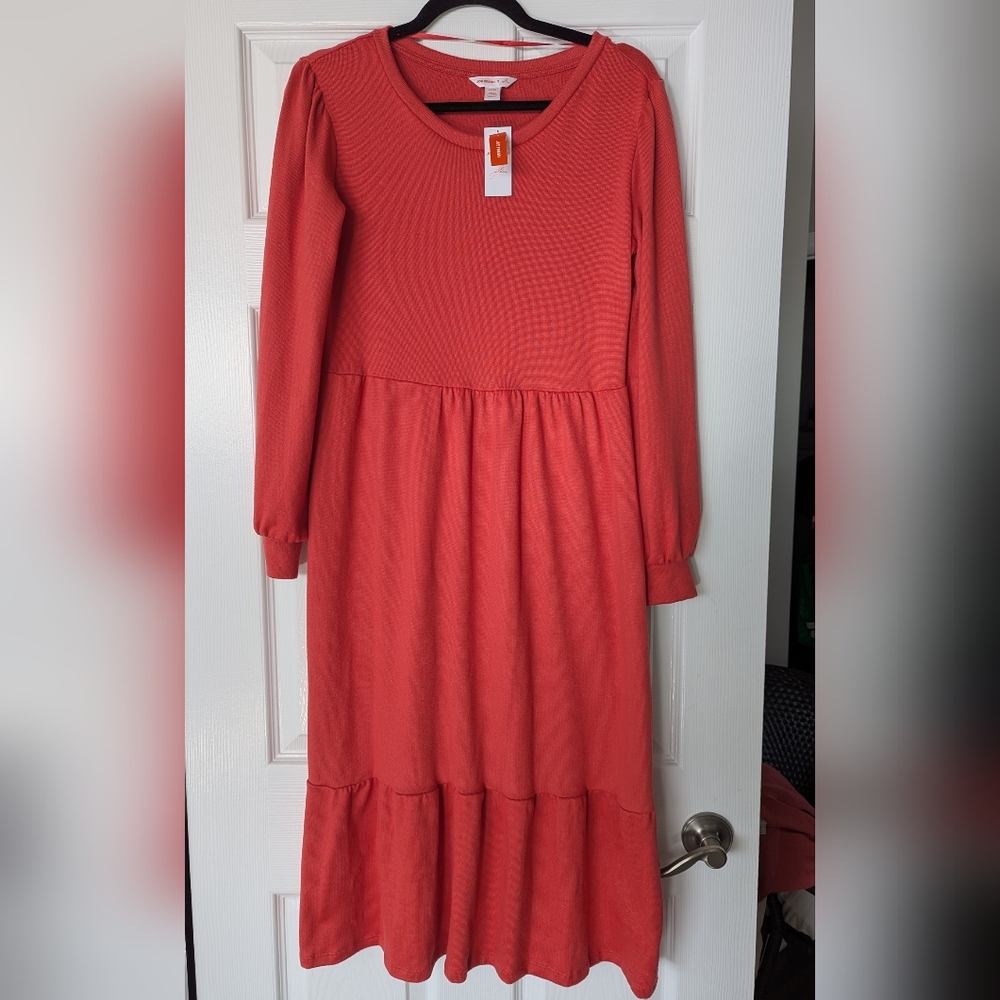 Joe Fresh Coral Long Sleeve Tiered Midi Dress